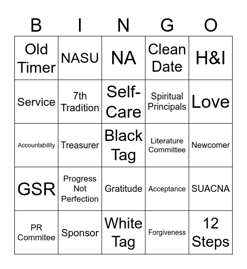 NA Bingo Card