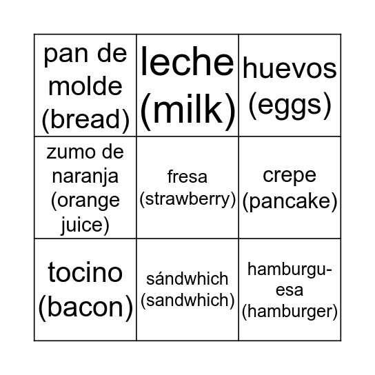 Comida Bingo Card