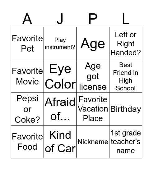 Ask Away Bingo Card