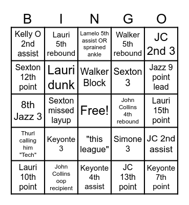 Jazz vs Hornets Bingo Card