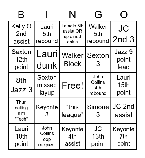 Jazz vs Hornets Bingo Card