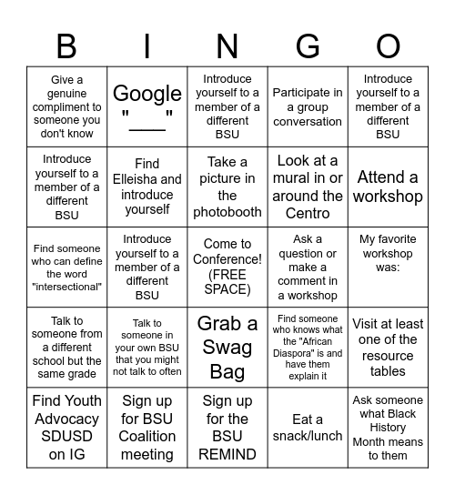 BSU BINGOGr Bingo Card
