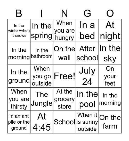 "Where" Bingo Card