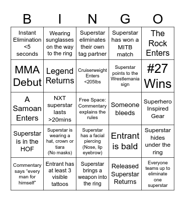 Royal Rumble Bingo Card