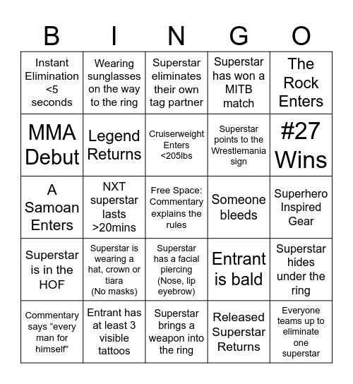 Royal Rumble Bingo Card