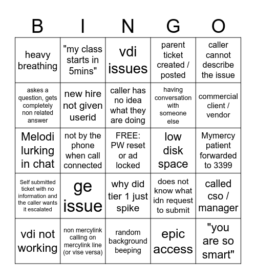 SERVICE CENTER BINGO Card