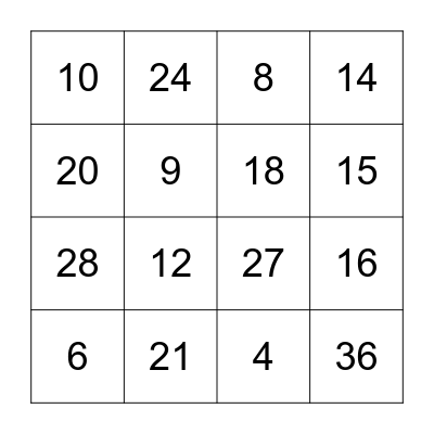Multiplication Bingo 2, 3, 4 Bingo Card