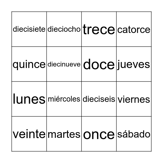 Números~11 al 20 Bingo Card
