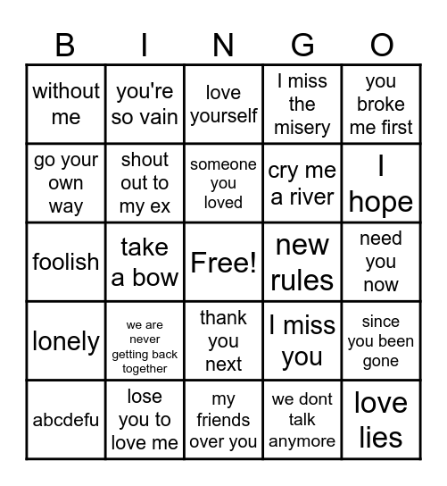 Break up songs Bingo Card