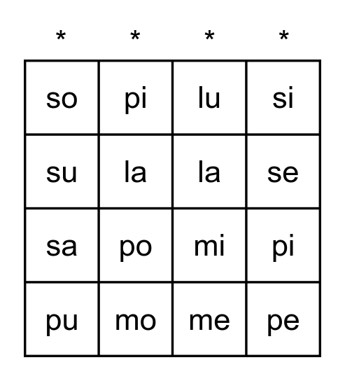 Sílabas m,p,s,l Bingo Card