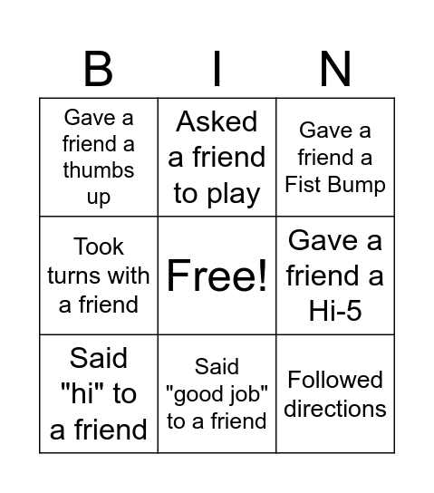 Social Skills Group BINGO Card