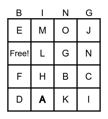 Letters A-O Bingo Card