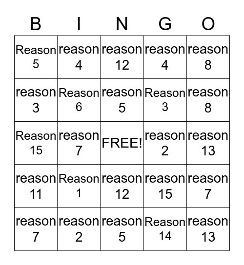 Reasons not to see a play Bingo Card