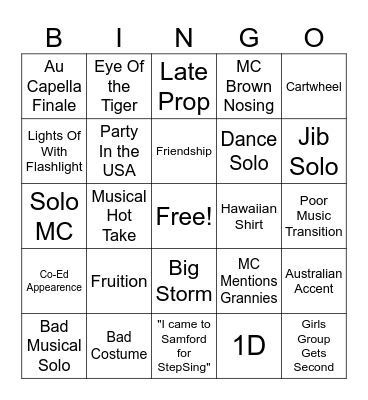StepSing Bingo Card