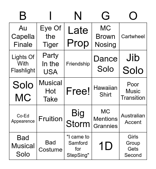 StepSing Bingo Card