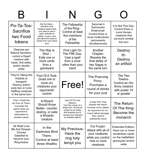 Unexpected Commander Party Bingo Card
