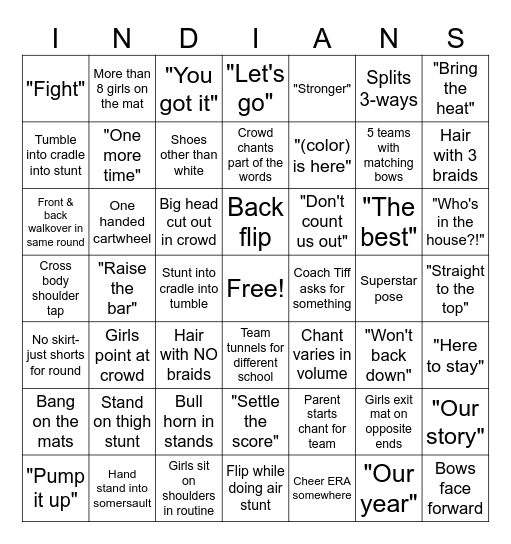Tecumseh Cheer Bingo Card