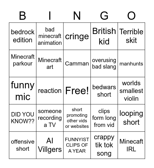 youtube minecaft shorts Bingo Card