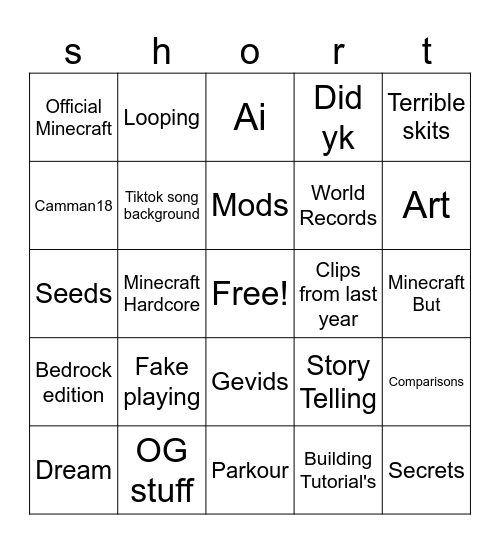 YouTube Shorts (Minecraft Edition) Bingo Card