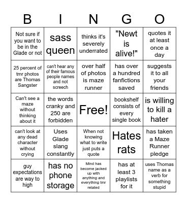 Maze Runner Fan Bingo Card