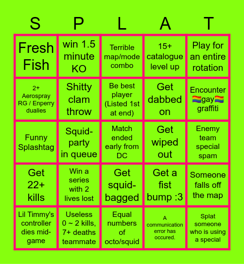 Horrible Splat3 Anarchy series Bingo Card