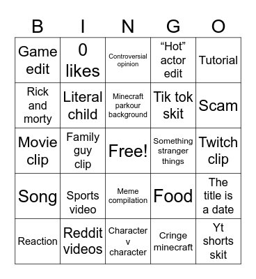 YouTube shorts Bingo Card