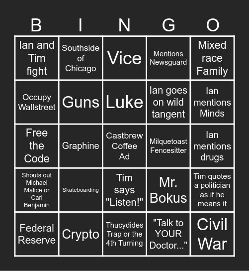 Newer Timcast IRL Bingo Card