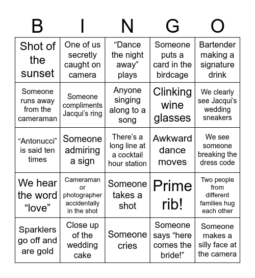 Wedding Video Bingo! Bingo Card