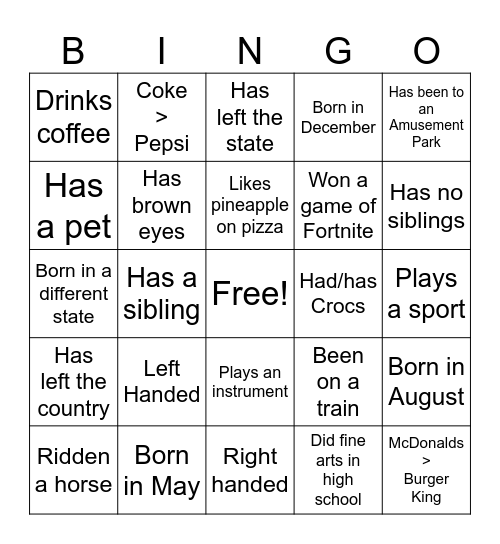 FUN FACT BINGO Card