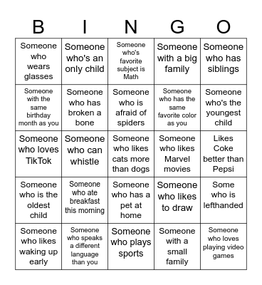 Get to Know Your Classmates Bingo Card