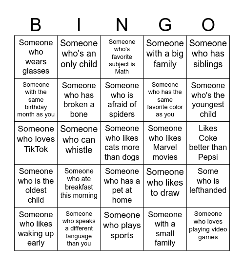 Get to Know Your Classmates Bingo Card