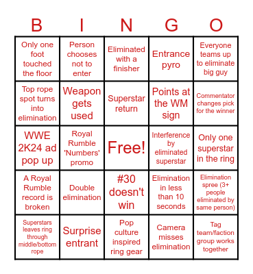 2024 Royal Rumble Bingo Card