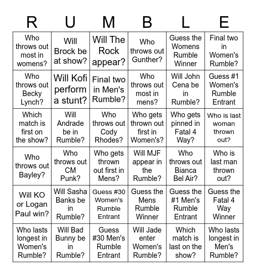 Royal Rumble 2024 Bingo Card