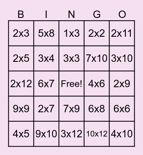 Multiplication Bingo Card