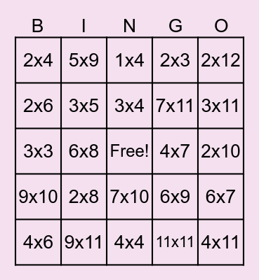 Multiplication Bingo Card