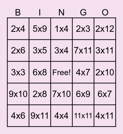 Multiplication Bingo Card