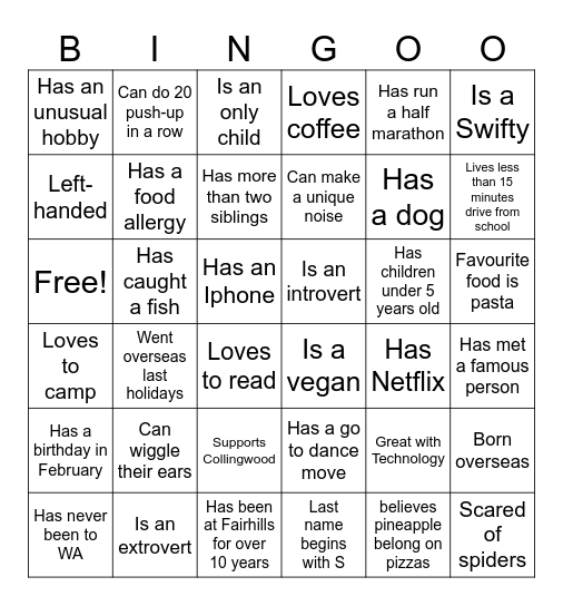 Ice breaker Bingo Card