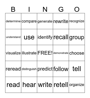 Power Verbs for Reading/Writing Bingo Card