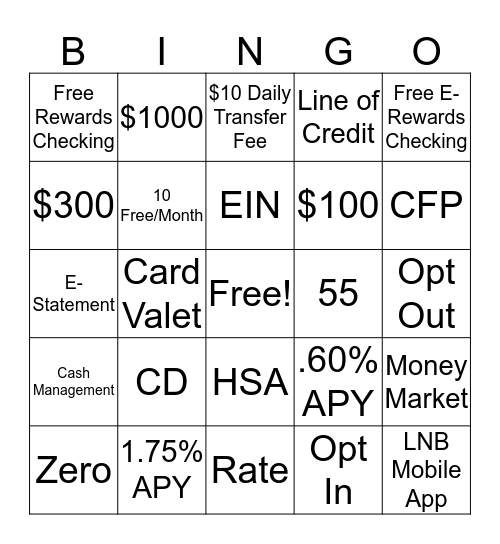 LNB-Product Knowledge BINGO Card