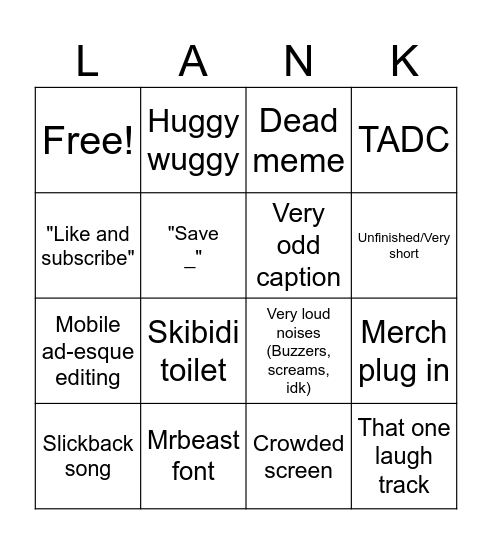 Lankybox bingo Card