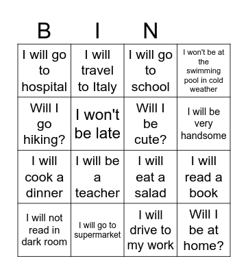 Future Simple Bingo Card