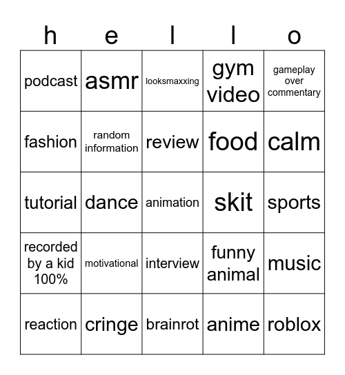youtube shorts speedrun Bingo Card