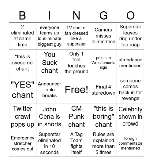 Royal Rumble BINGO Card