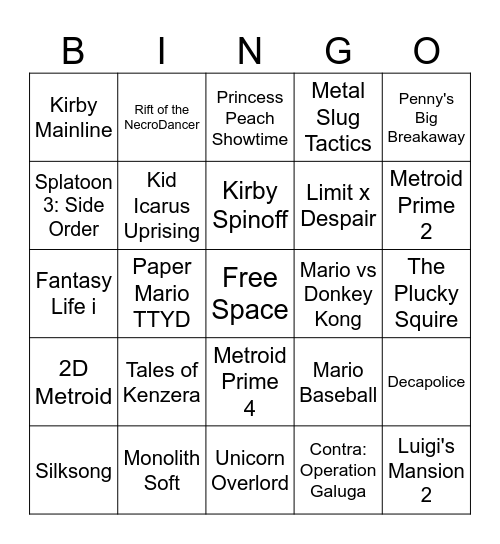 Q1 2024 Nintendo Direct Bingo Card