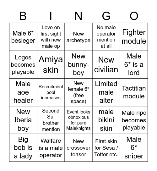 Maleknights Livestream Bingo Card