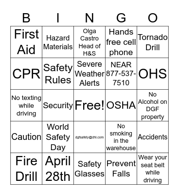 World Safety Day Bingo Card