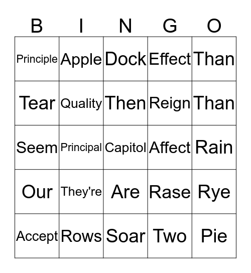 Homophone Bingo Card
