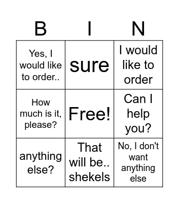 Ordering Food from Restaurant Bingo Card