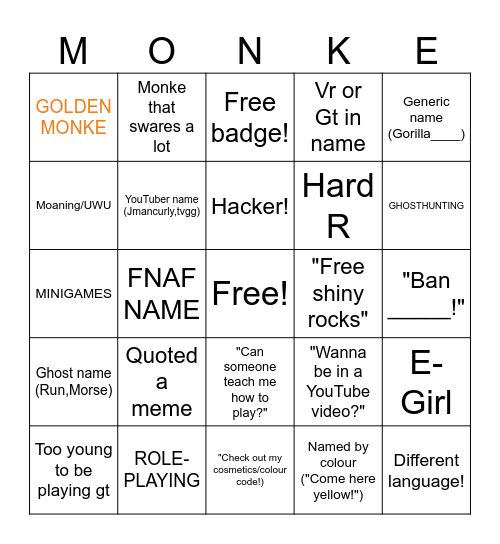 Gorilla Tag Bingo Card