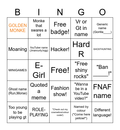 Gorilla Tag Bingo Card